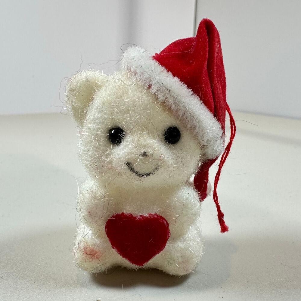 Mini Flocked Christmas Bear Ornament Santa Claus Red White Heart Tiny